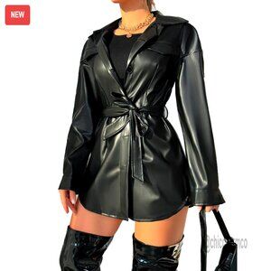 Faux Leather Trench Coat with Belt, Knee Length Motorcycle Jacket